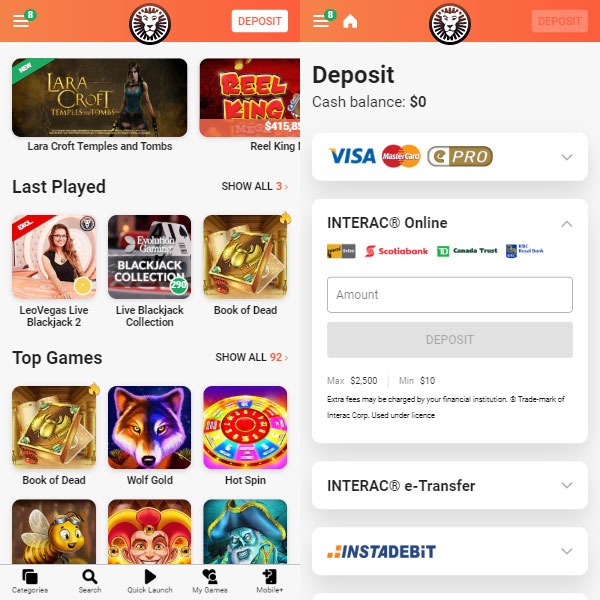 LeoVegas mobile screenshots